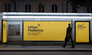 Modern Urban Bus Stop with Digital Billboard Mockup